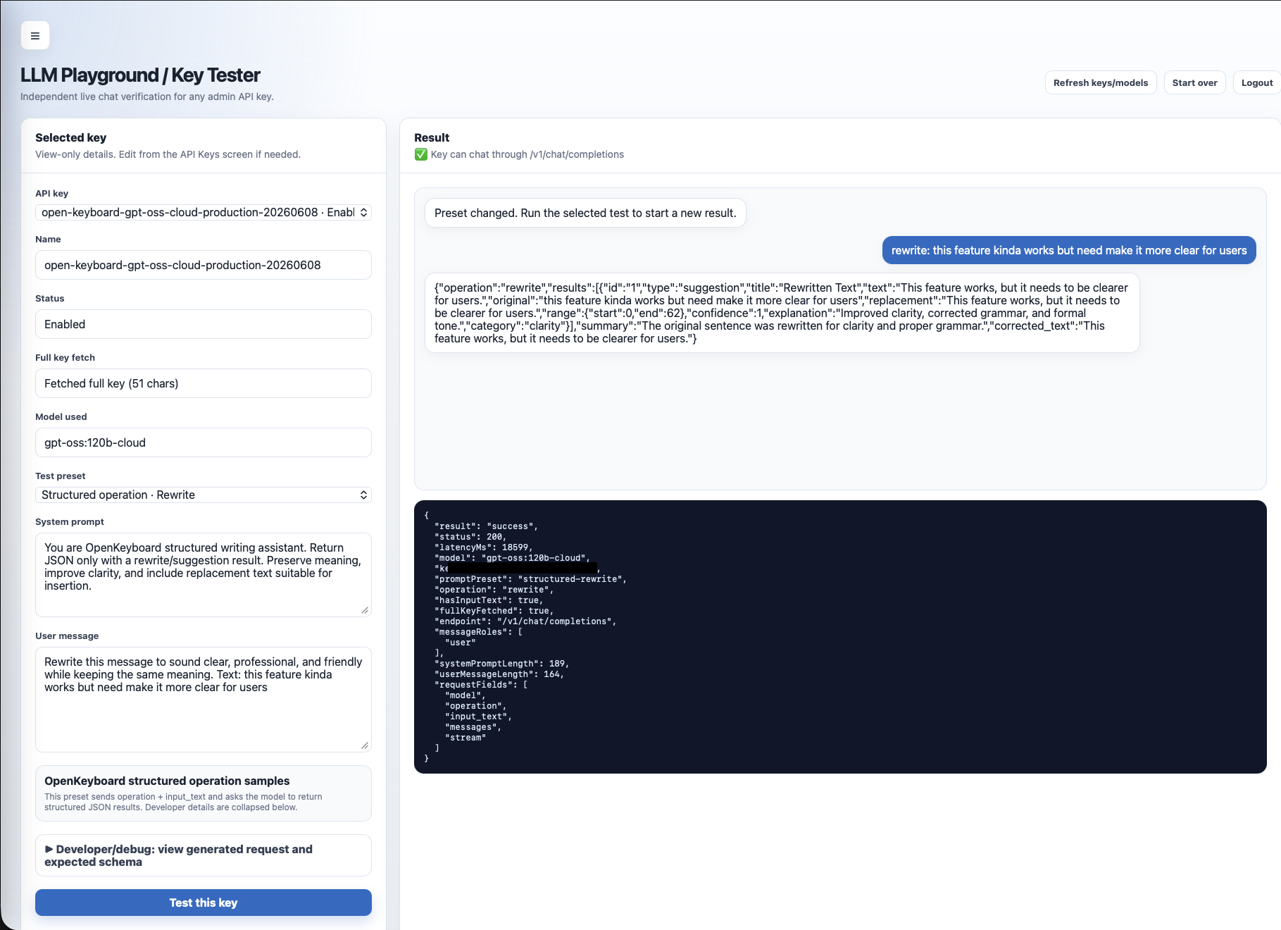 LLM Gateway playground screen showing a structured OpenKeyboard rewrite request and successful model response.