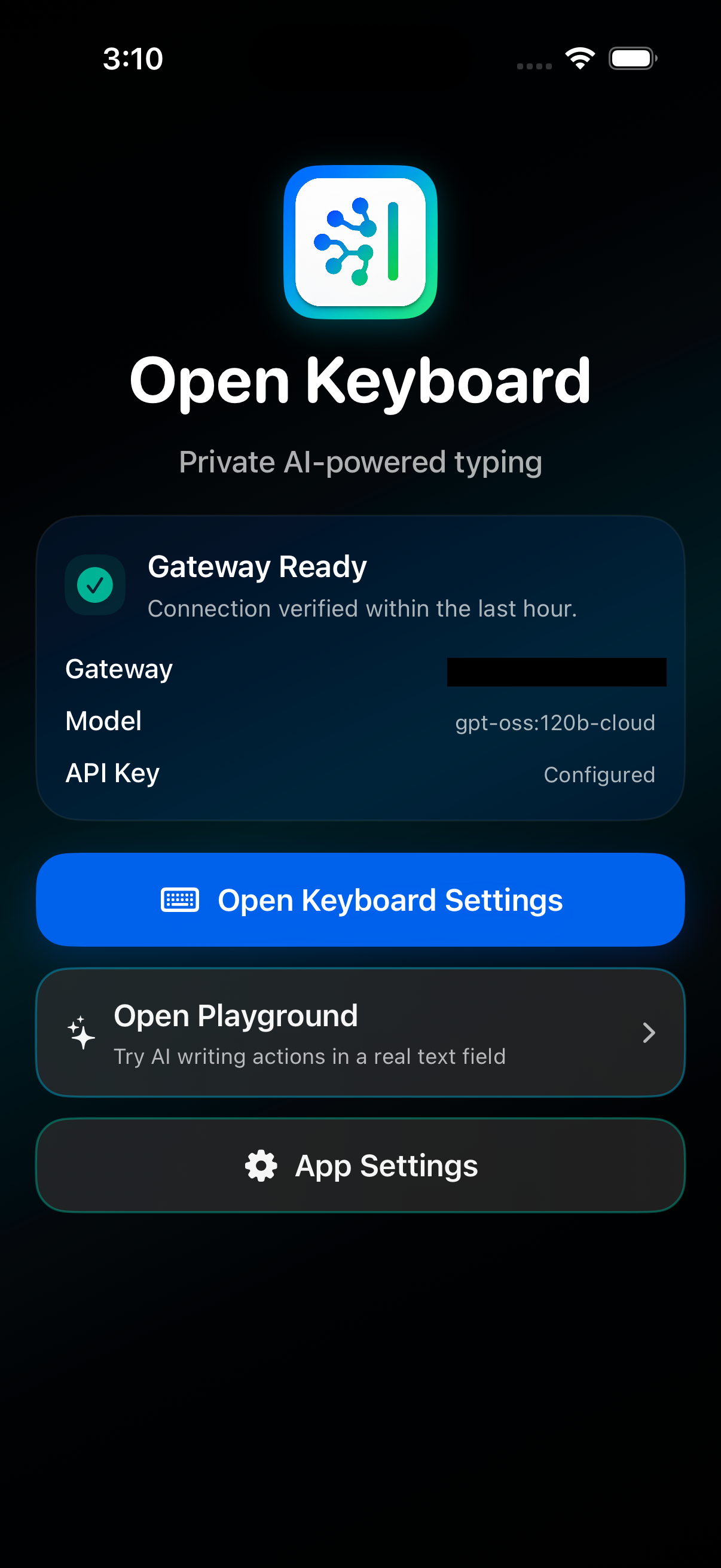 Open Keyboard host app showing gateway ready status, configured model, and API key status.