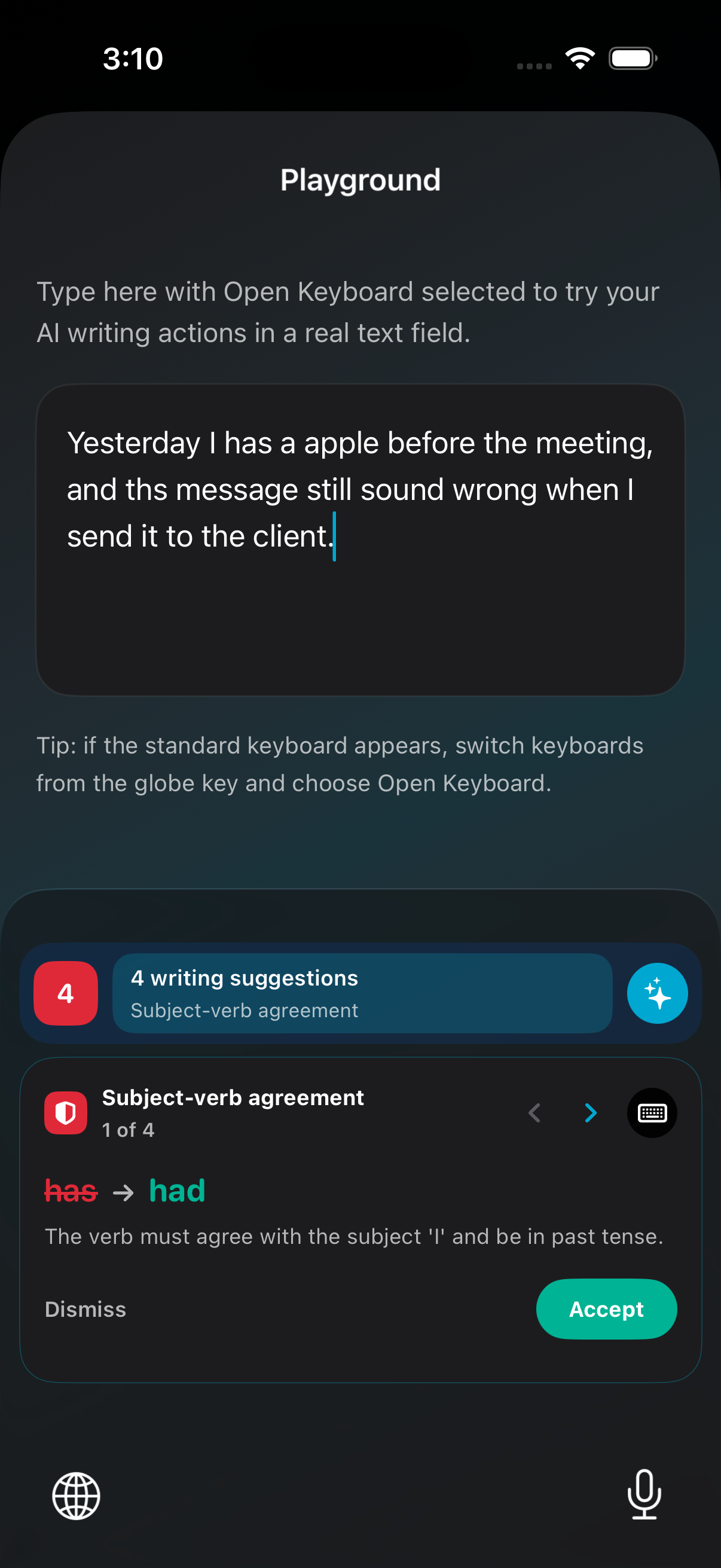 Open Keyboard grammar review showing a subject-verb agreement correction suggestion.
