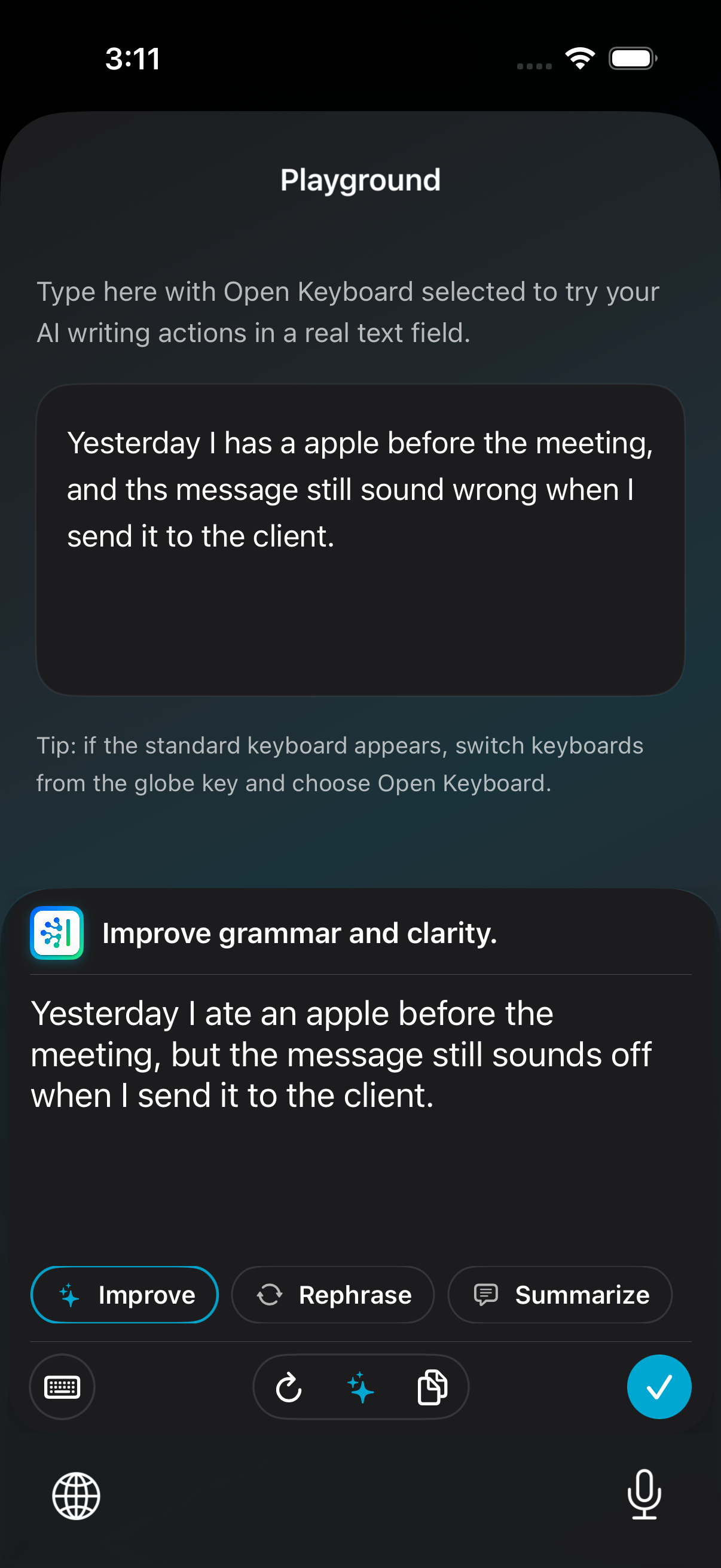 Open Keyboard Improve workflow showing an AI-generated writing suggestion and action controls.