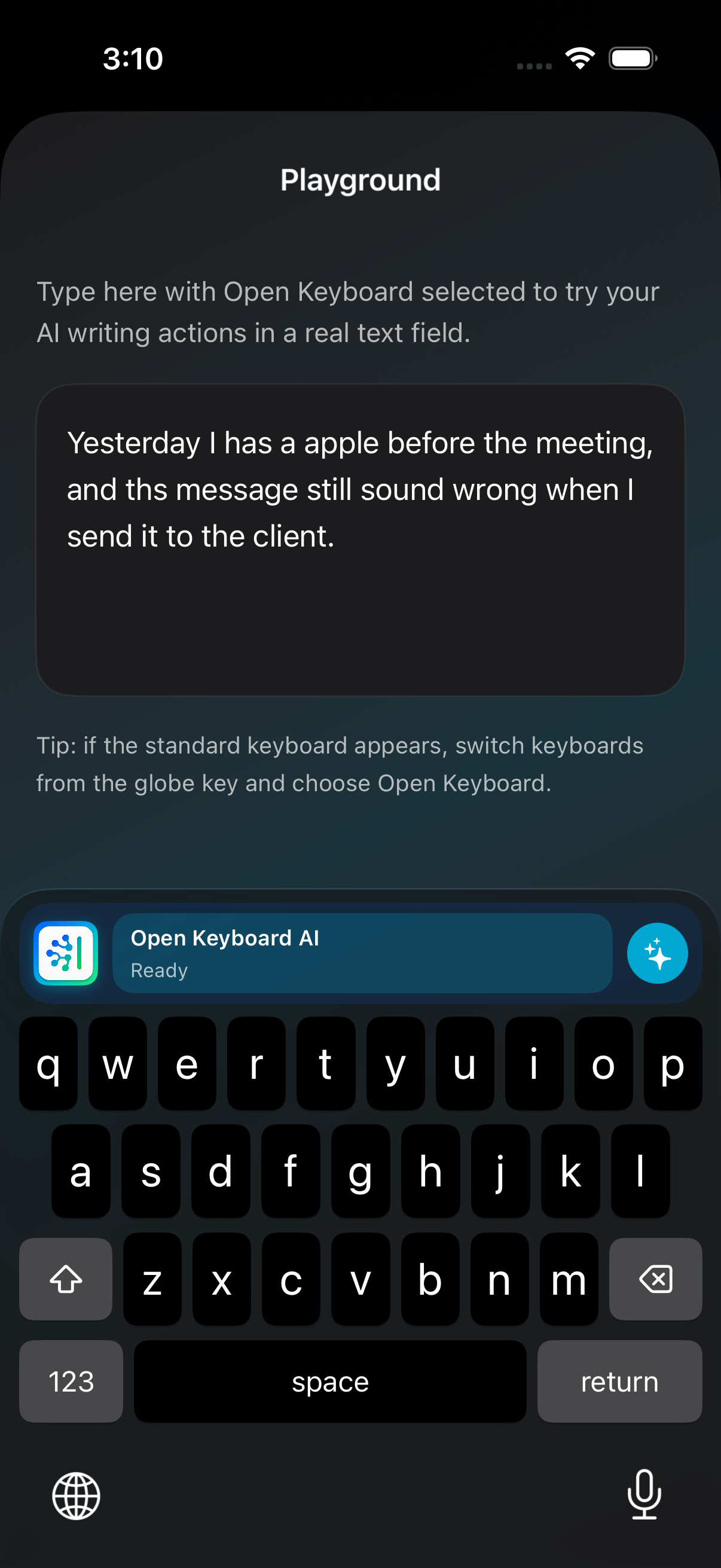 Open Keyboard playground showing a text field and custom keyboard extension ready for AI writing actions.